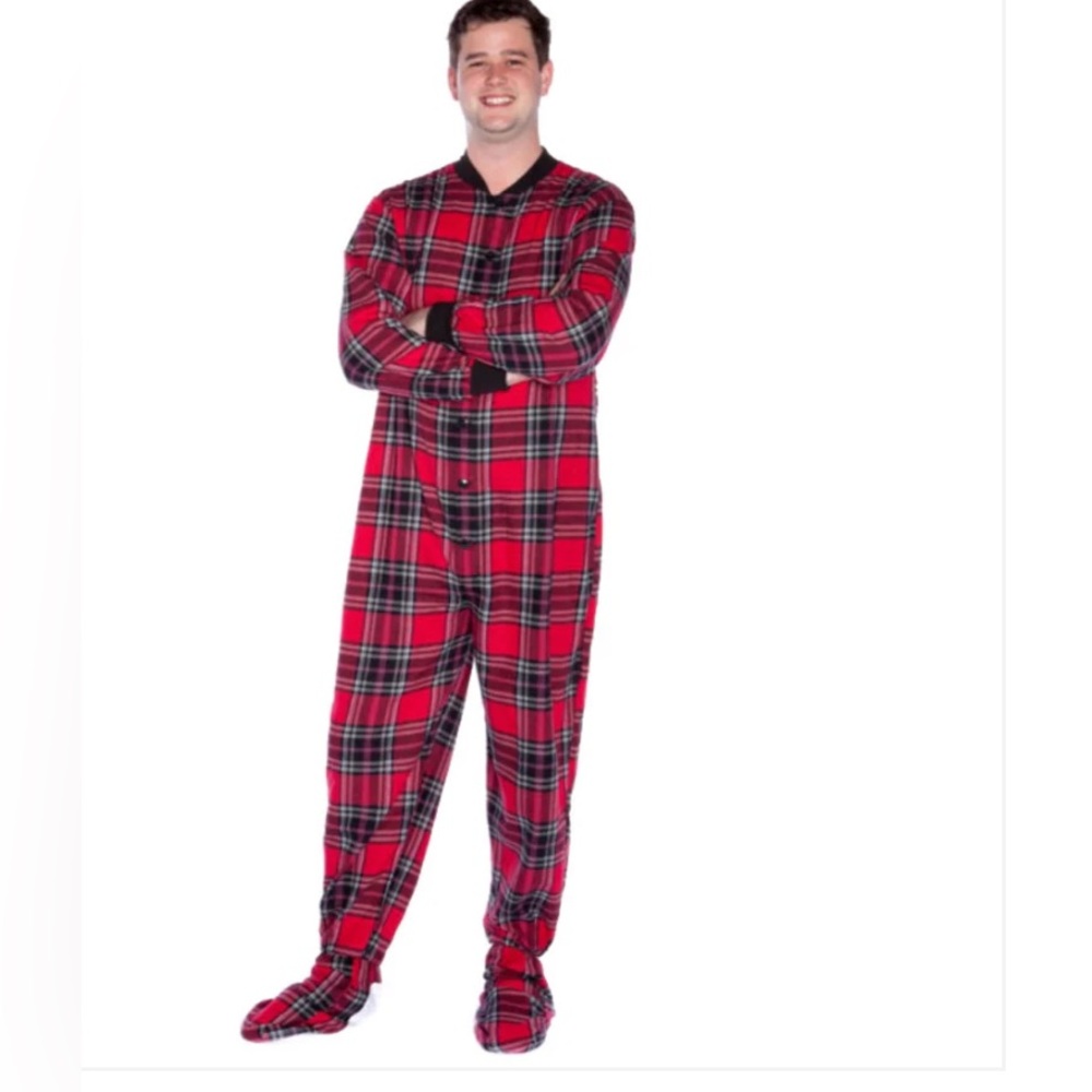Big Feet Red and Black Plaid Cotton Flannel Adult Footed Onesie‎ Pajamas